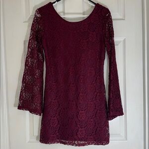 NEW 2Hearts Maroon Bell Sleeve Lace Mini Dress